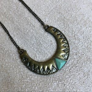 Brass & Turquoise Crescent Moon Long Boho Necklace